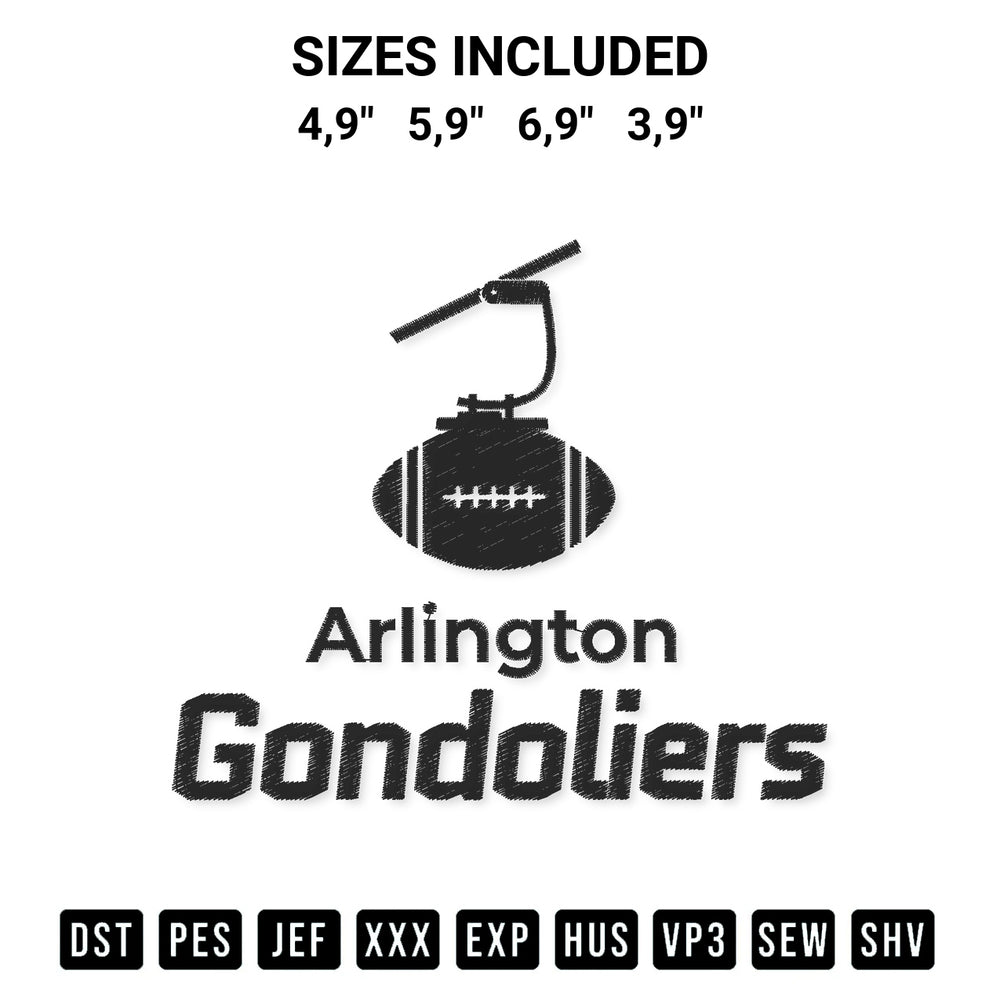 Create amazing crafts with the Arlington Gondoliers Football Arlington Gondoliers Logo Embroidery Design embroidery file. High-quality digital download from Designspacks.com, perfect for beginners and pros. Available sizes: 4,9", 5,9", 6,9", 3,9".