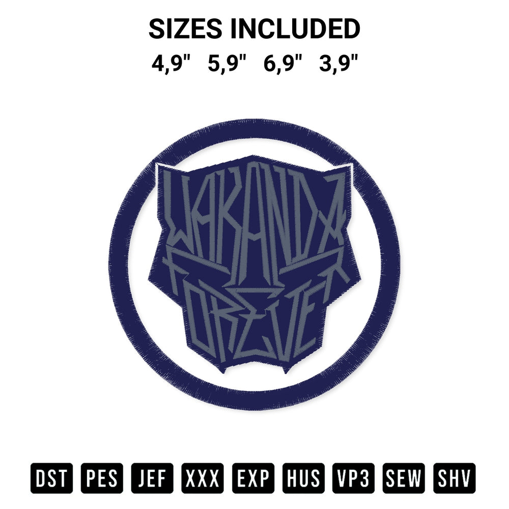 Download the Wakanda Forever Chadwick Boseman Marvel Black Panther Logo Embroidery Design machine embroidery design exclusively at Designspacks.com. Premium digitized pattern for apparel and DIY crafts. Available sizes: 4,9", 5,9", 6,9", 3,9".