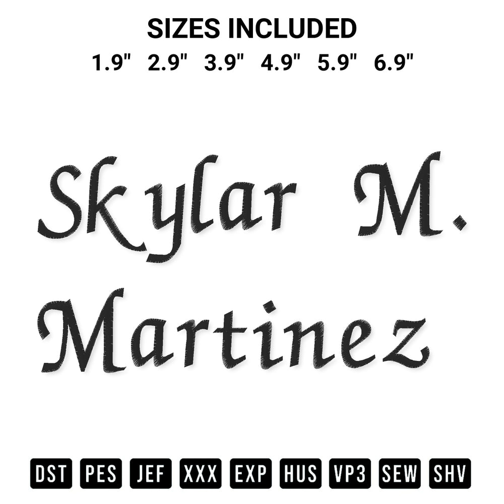 Stitch like a pro with the Skylar M. Martinez Embroidery Design embroidery pattern from Designspacks.com. High-quality digital machine embroidery file. Available sizes: 1.9", 2.9", 3.9", 4.9", 5.9", 6.9".