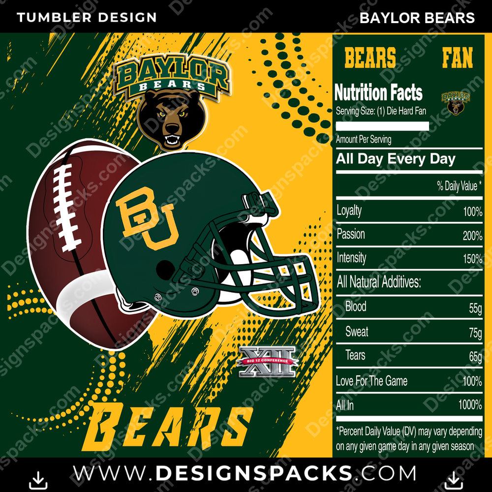 College Sport Team Fan CFB Baylor Bears NCAA College Sport Tumbler Digital Wrap Design Download