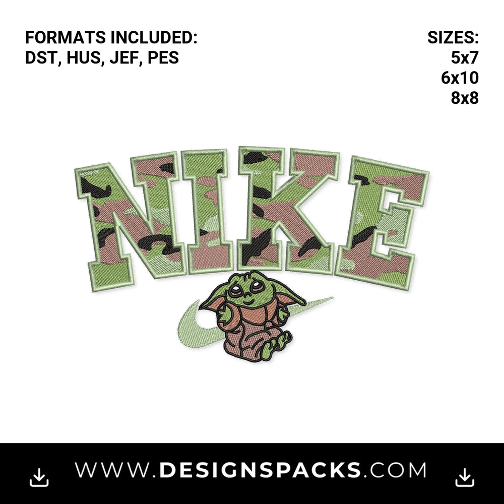 Baby Yoda Camo Nike Logo Embroidery Design - Instant digital download pattern at Designspacks.com