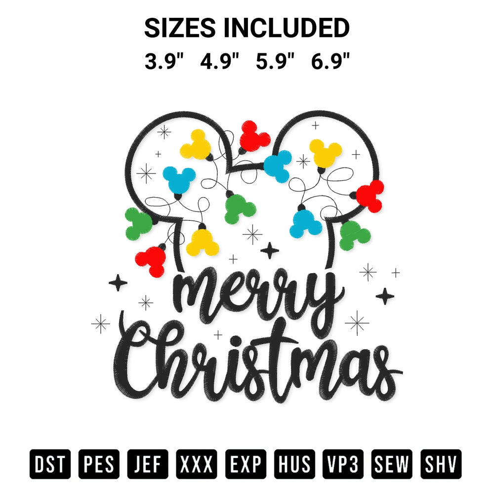 Elevate your next project with our Merry Christmas Lights Mickey Embroidery Design embroidery file. Shop high-quality digital patterns instantly at Designspacks.com. Available sizes: 3.9", 4.9", 5.9", 6.9".