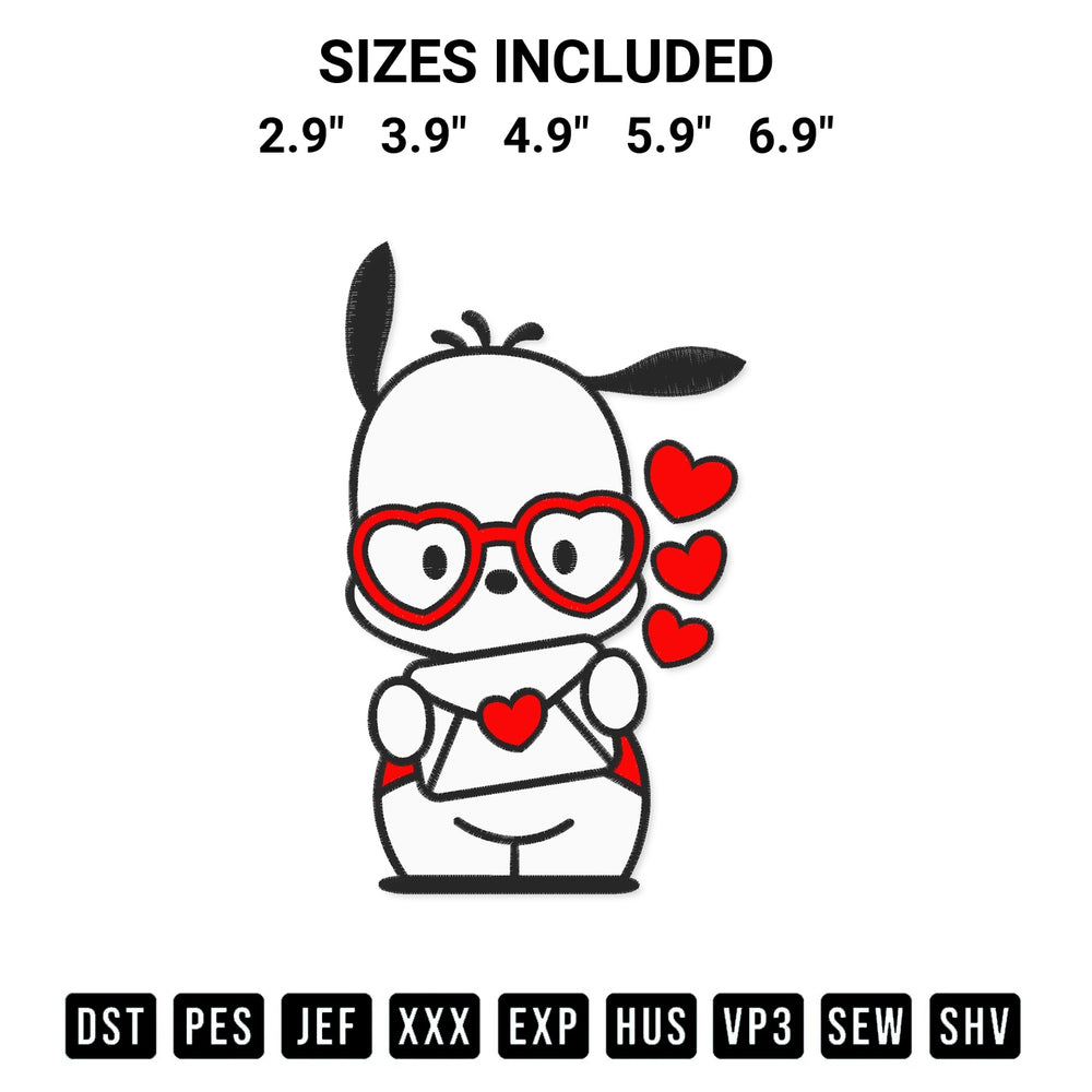 Download the Pochacco Holding Love Letter Hearts Embroidery Design machine embroidery design exclusively at Designspacks.com. Premium digitized pattern for apparel and DIY crafts. Available sizes: 2.9", 3.9", 4.9", 5.9", 6.9".