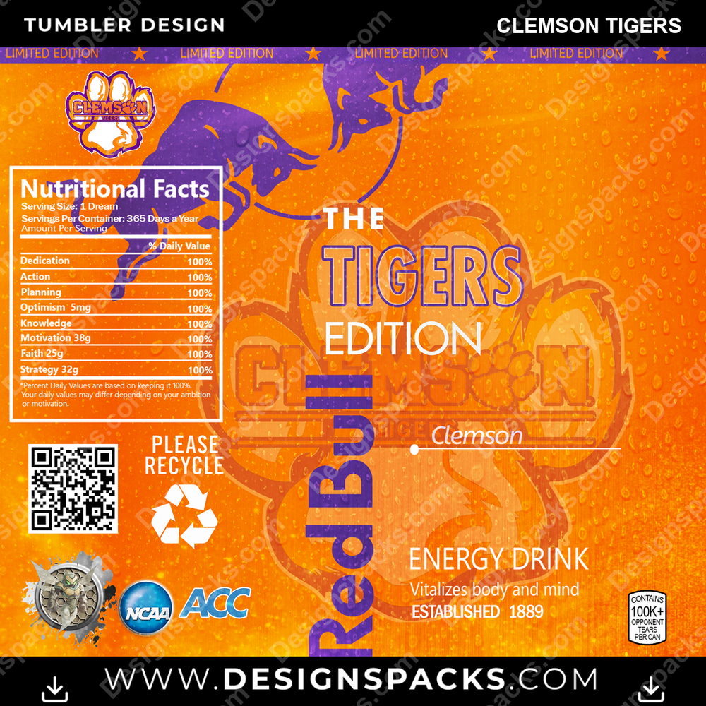 College Sport Red Bull Clemson Tigers NCAA College Sport Tumbler Digital Wrap Design Download