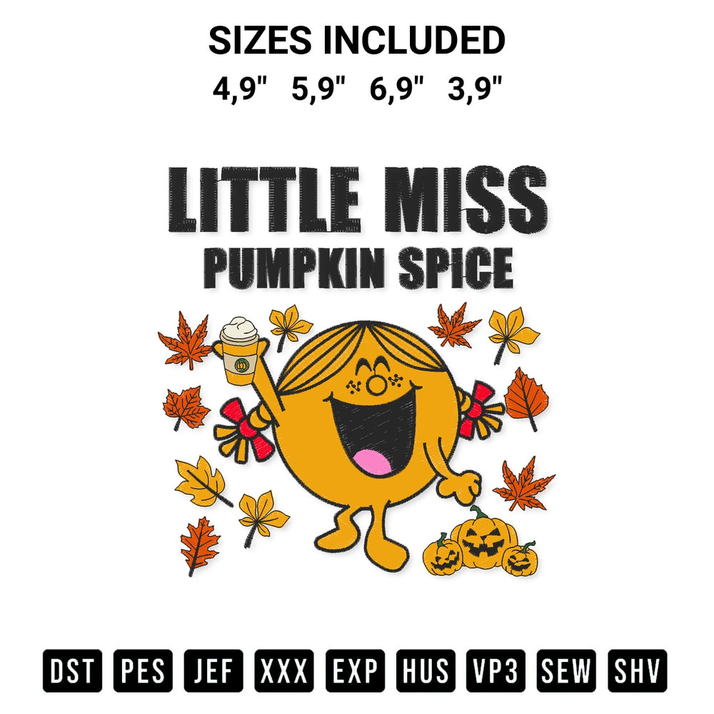 Get the Smiling Little Miss Pumpkin Spice Funny Thanksgiving Halloween Day Logo Embroidery Design embroidery design for your custom crafts! Premium digitized files available for instant download at Designspacks.com. Available sizes: 4,9", 5,9", 6,9", 3,9".