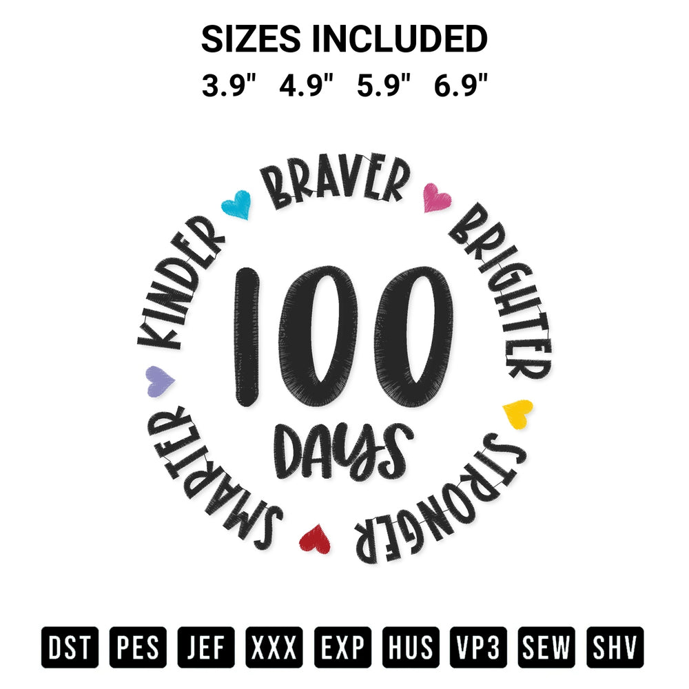Stitch like a pro with the 100 Days Embroidery Design embroidery pattern from Designspacks.com. High-quality digital machine embroidery file. Available sizes: 3.9", 4.9", 5.9", 6.9".