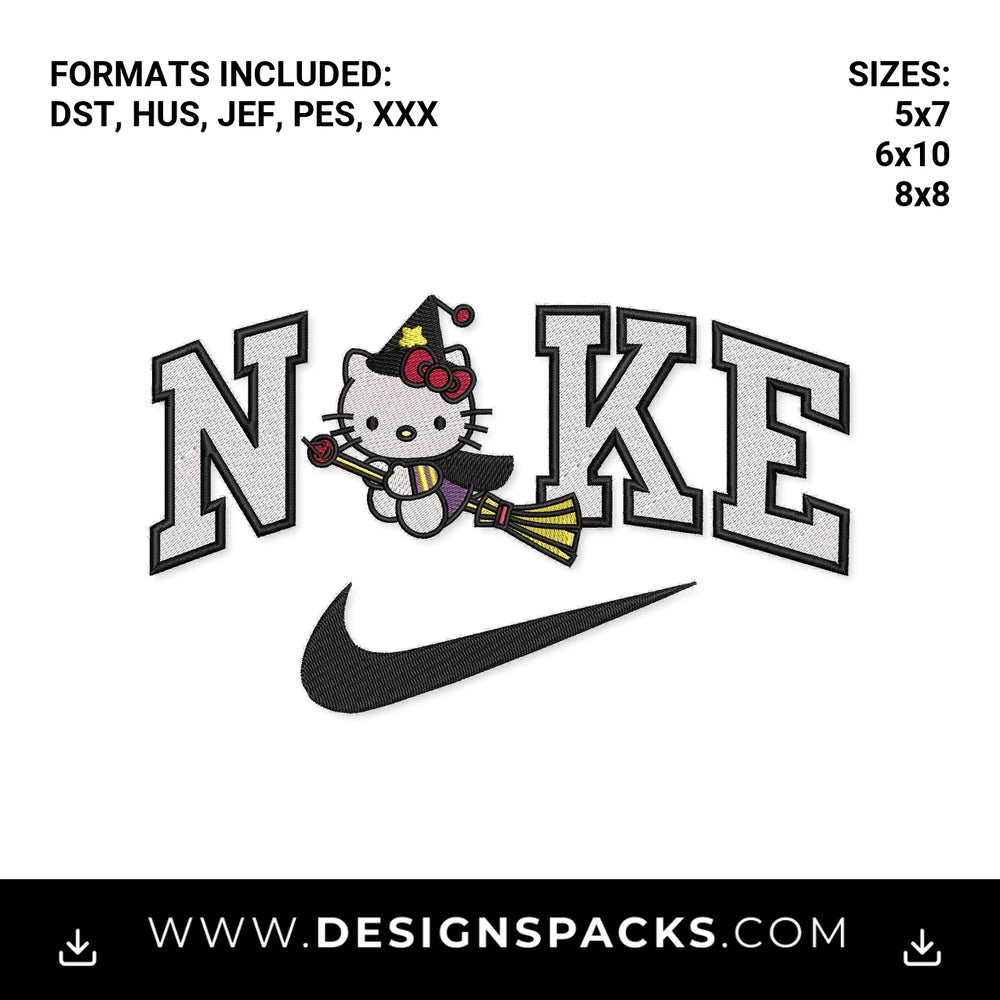 Hello Kitty Halloween Witch Nike Swoosh Embroidery Design - Instant digital download pattern at Designspacks.com