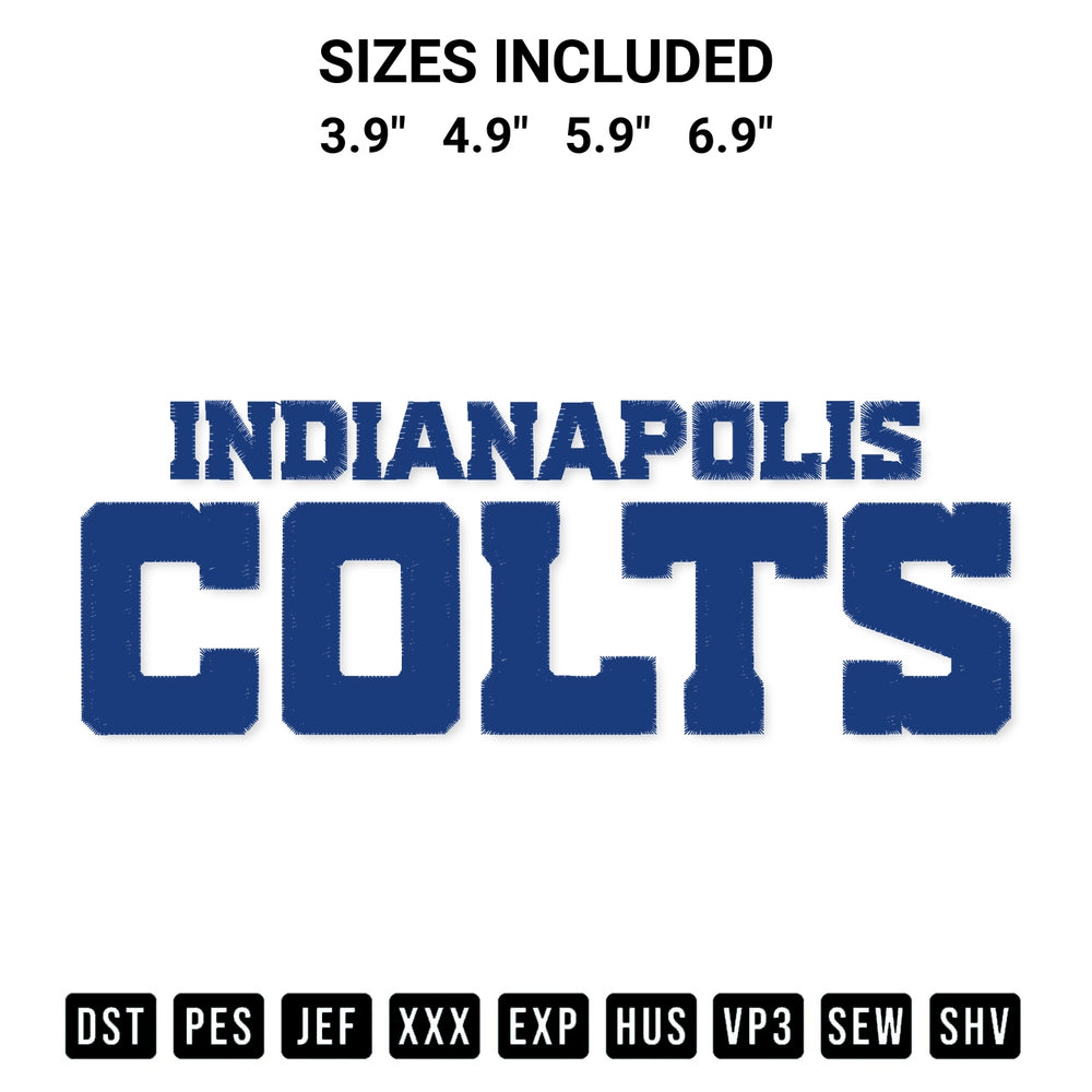 Elevate your next project with our Indianapolis Colts Wordmark Embroidery Design embroidery file. Shop high-quality digital patterns instantly at Designspacks.com. Available sizes: 3.9", 4.9", 5.9", 6.9".