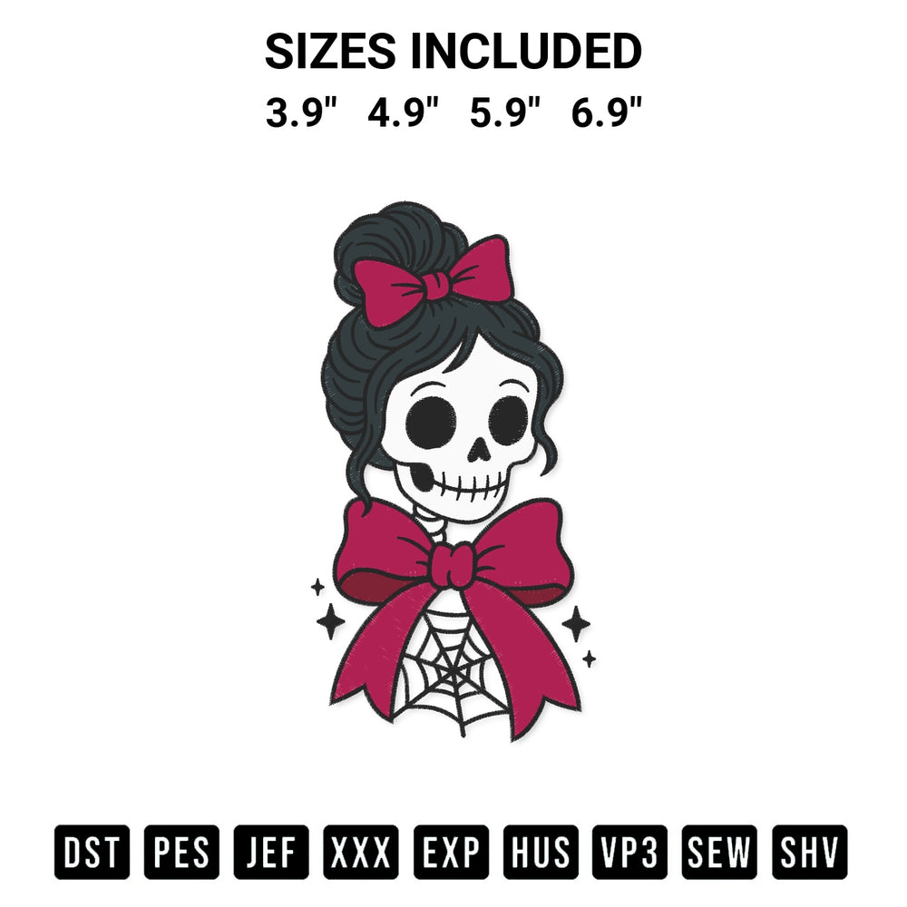 Download the Spooky Skeleton Girl With Pink Bows Embroidery Design machine embroidery design exclusively at Designspacks.com. Premium digitized pattern for apparel and DIY crafts. Available sizes: 3.9", 4.9", 5.9", 6.9".