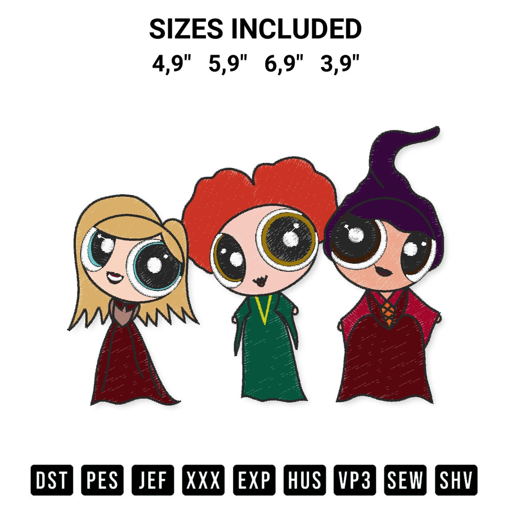 Stitch like a pro with the Chibi Sanderson Sisters X Powerpuff Girls Hocus Pocus Halloween Logo Embroidery Design embroidery pattern from Designspacks.com. High-quality digital machine embroidery file. Available sizes: 4,9", 5,9", 6,9", 3,9".