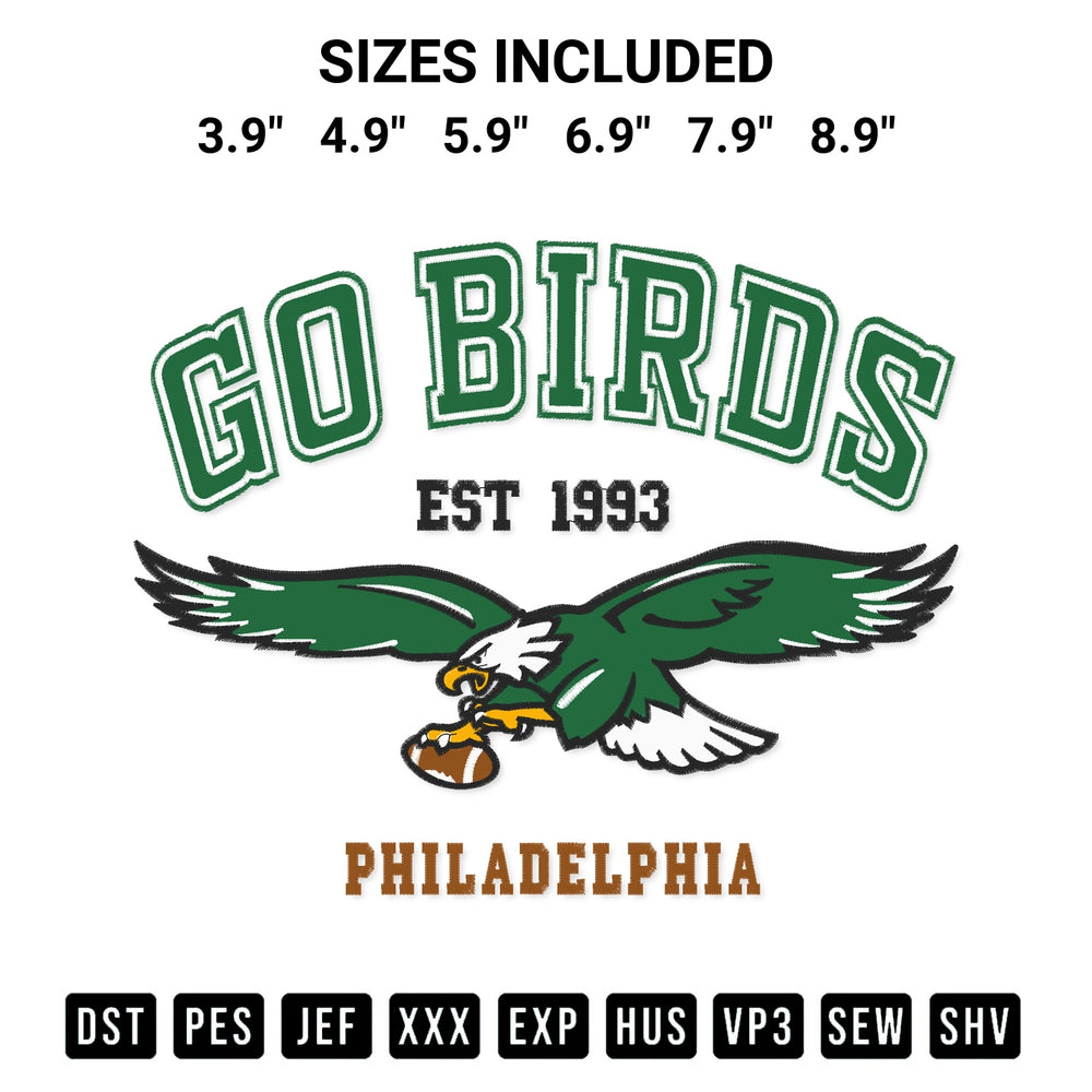 Elevate your next project with our Go Birds Philadelphia Est 1993 Embroidery Design embroidery file. Shop high-quality digital patterns instantly at Designspacks.com. Available sizes: 3.9", 4.9", 5.9", 6.9", 7.9", 8.9".