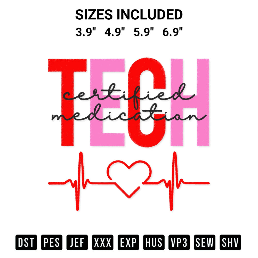 Stitch like a pro with the Tech Certified Medication Heartbeat Embroidery Design embroidery pattern from Designspacks.com. High-quality digital machine embroidery file. Available sizes: 3.9", 4.9", 5.9", 6.9".