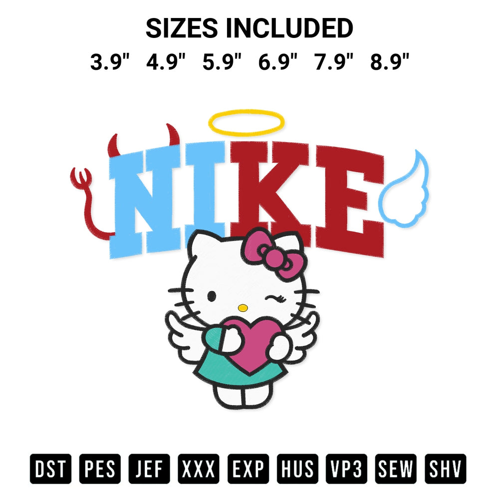 Transform your fabrics with the Hello Kitty Angel X Nike Embroidery Design embroidery design. Instant access to premium digitized patterns at Designspacks.com. Available sizes: 3.9", 4.9", 5.9", 6.9", 7.9", 8.9".
