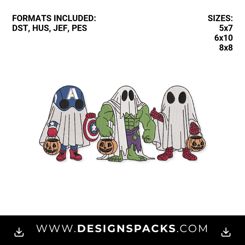 Superhero Halloween Ghost Trio Embroidery Design - Instant digital download pattern at Designspacks.com