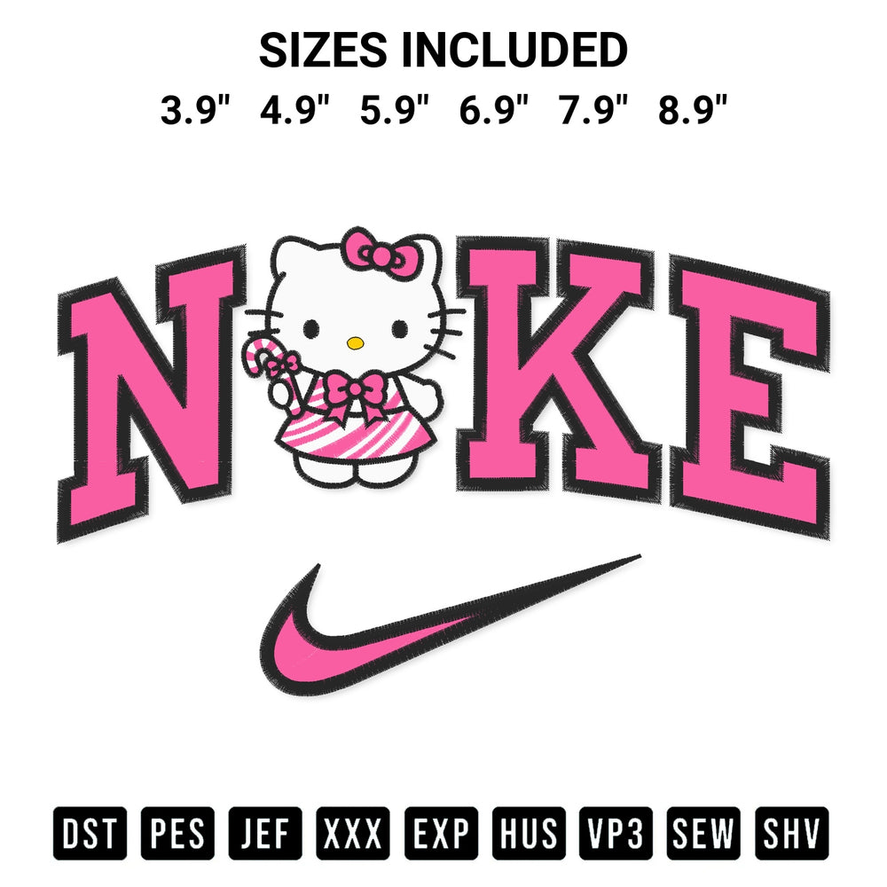 Create amazing crafts with the Pink Peppermint Hello Kitty X Nike Embroidery Design embroidery file. High-quality digital download from Designspacks.com, perfect for beginners and pros. Available sizes: 3.9", 4.9", 5.9", 6.9", 7.9", 8.9".