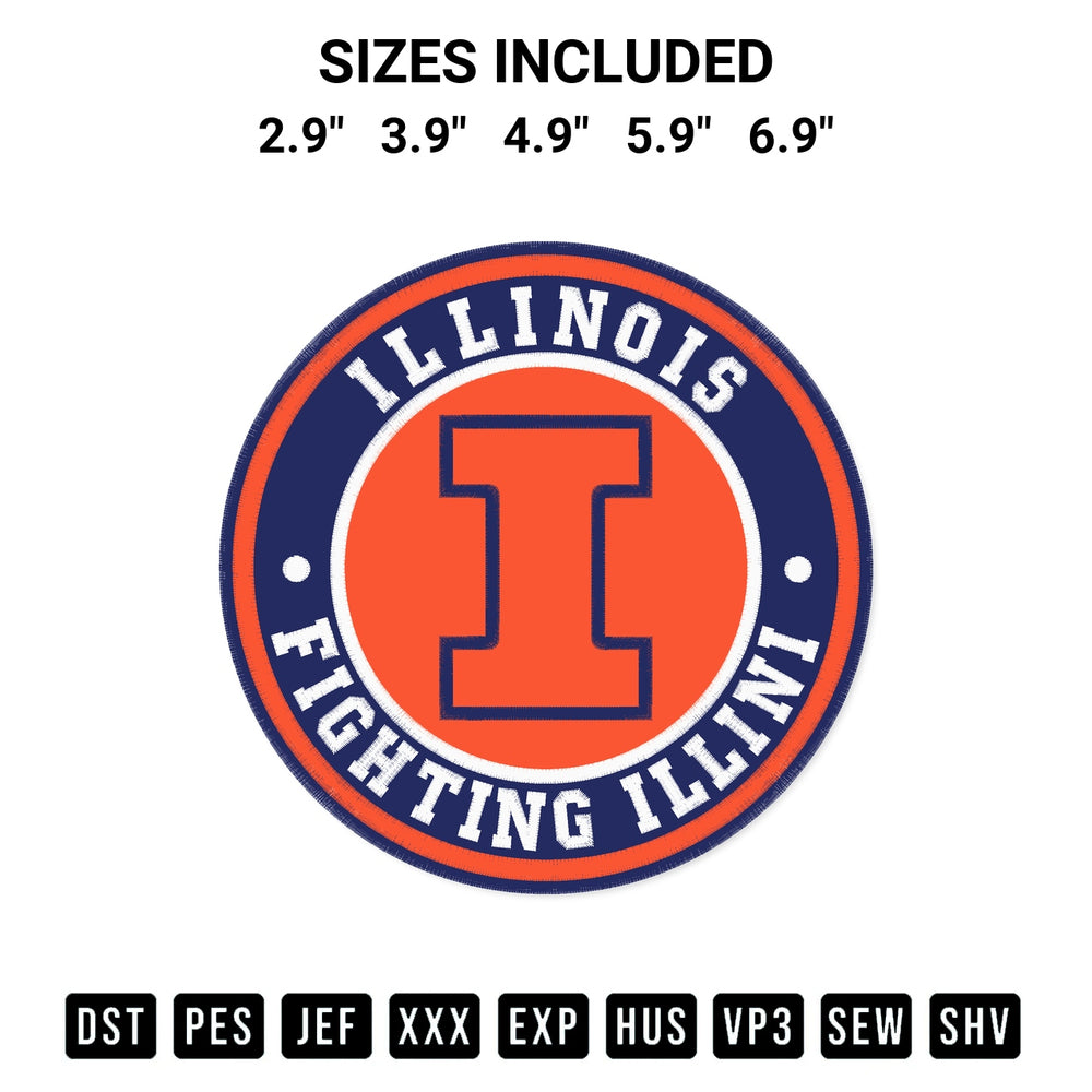 Download the Illinois Fighting Illini Circle Logo Embroidery Design machine embroidery design exclusively at Designspacks.com. Premium digitized pattern for apparel and DIY crafts. Available sizes: 2.9", 3.9", 4.9", 5.9", 6.9".