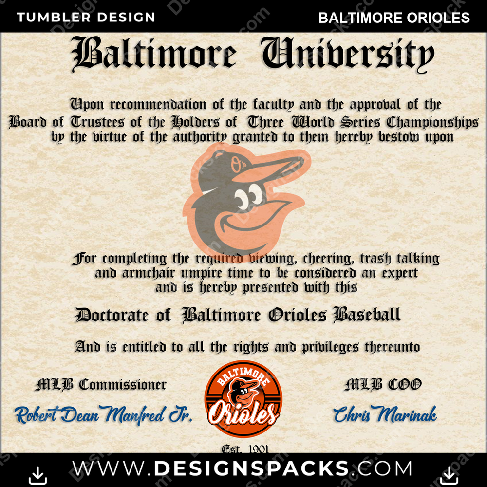 Baseball Diploma Baltimore Orioles Tumbler Digital Wrap Design