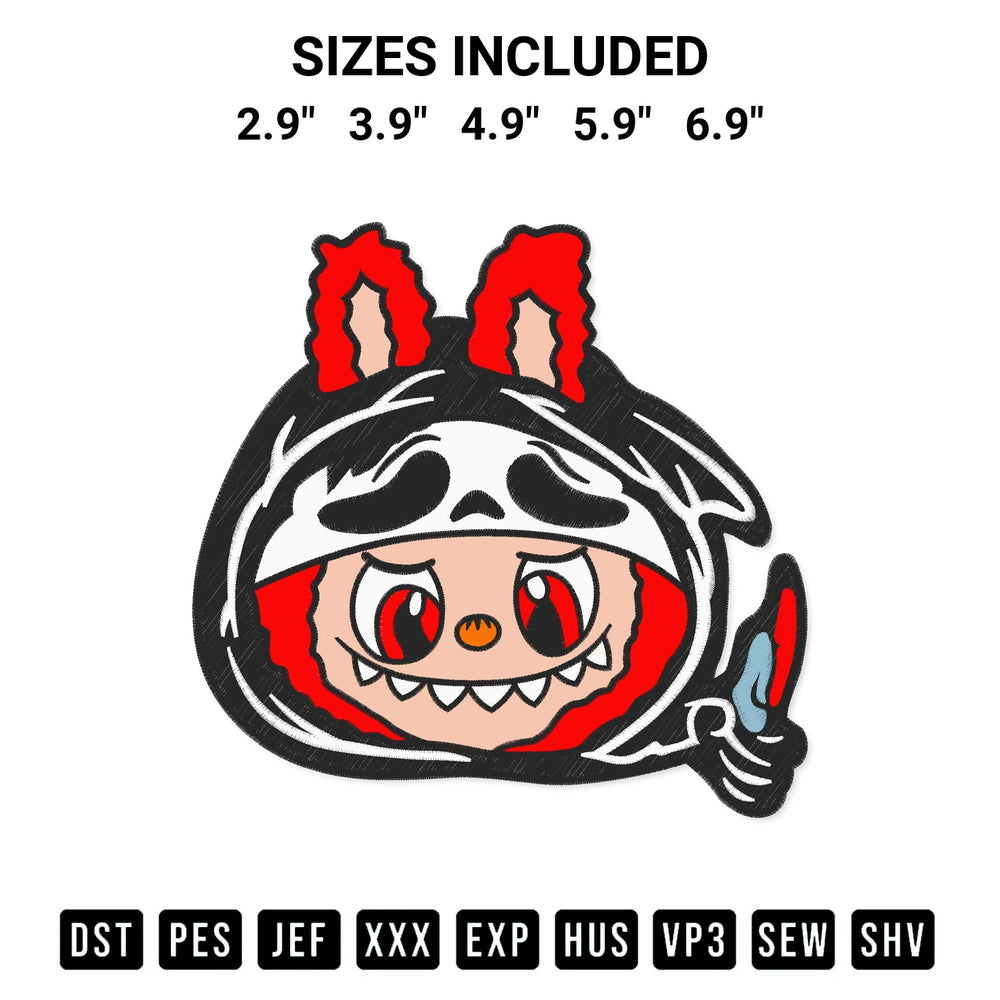 Stitch like a pro with the Labubu Ghostface Head Embroidery Design embroidery pattern from Designspacks.com. High-quality digital machine embroidery file. Available sizes: 2.9", 3.9", 4.9", 5.9", 6.9".