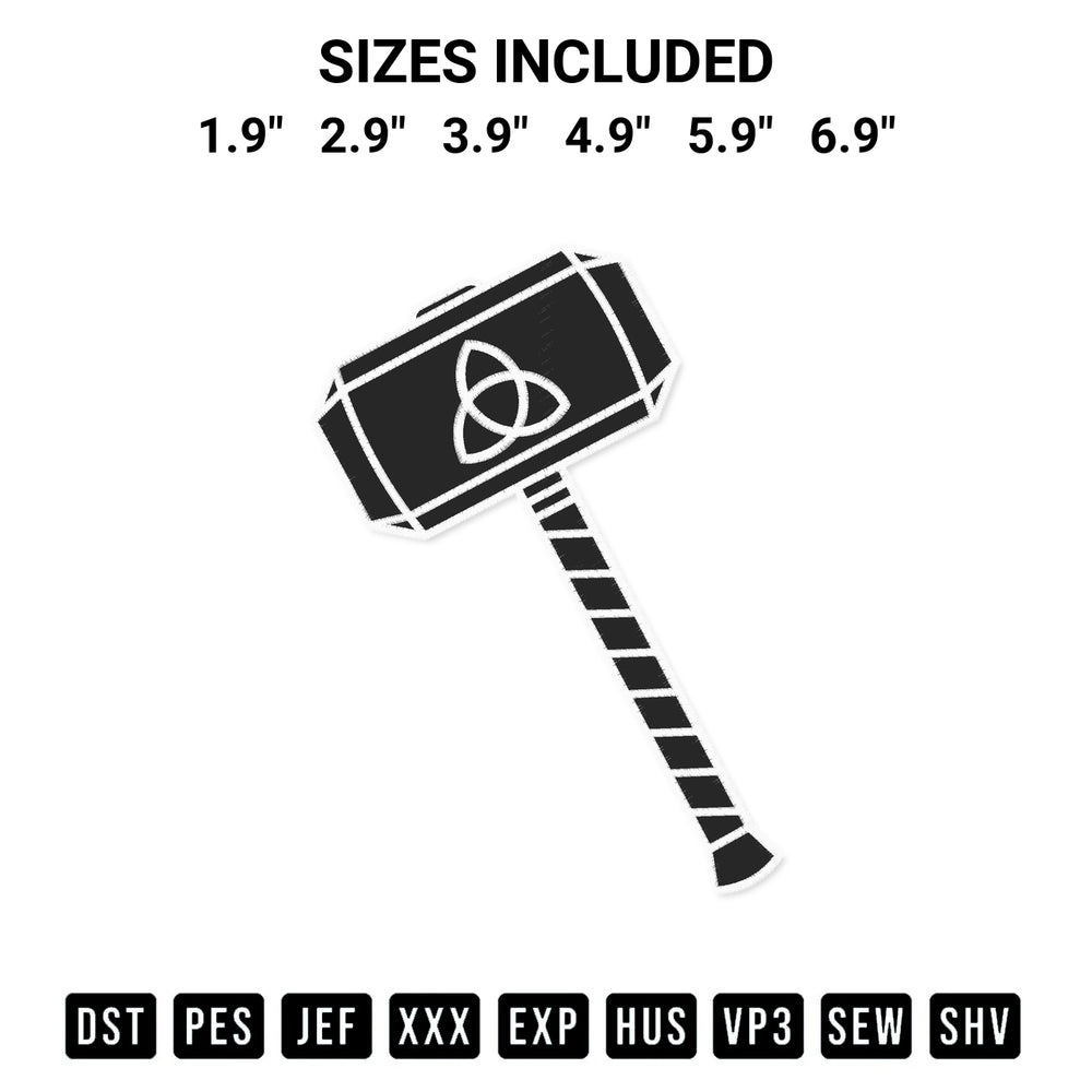 Elevate your next project with our Thors Hammer Logo Embroidery Design embroidery file. Shop high-quality digital patterns instantly at Designspacks.com. Available sizes: 1.9", 2.9", 3.9", 4.9", 5.9", 6.9".