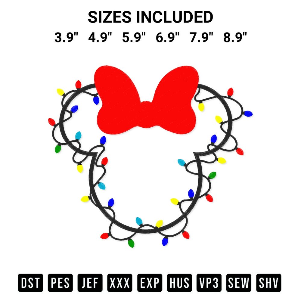 Looking for the perfect pattern? Download the Christmas Lights Minnie Head Embroidery Design embroidery design today at Designspacks.com. Crisp, clean stitching guaranteed. Available sizes: 3.9", 4.9", 5.9", 6.9", 7.9", 8.9".