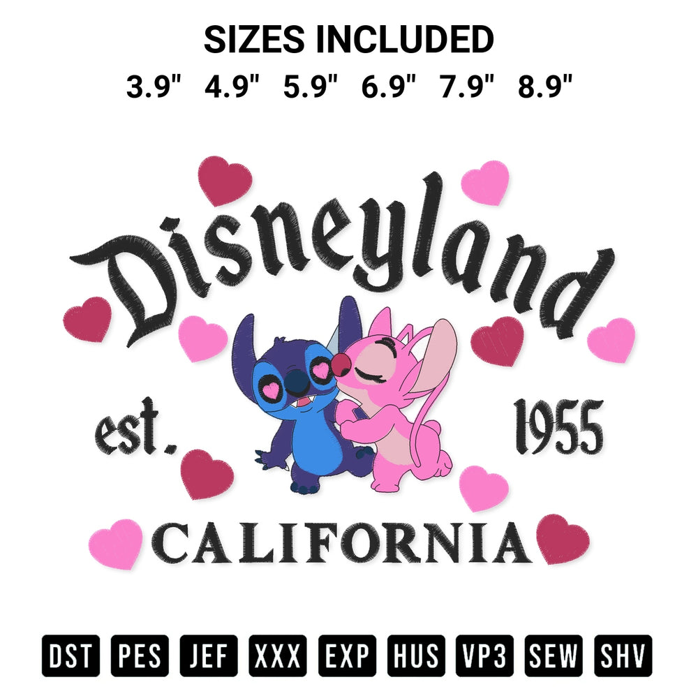 Stitch like a pro with the Couple Stitch Angel Disneyland California 1955 Embroidery Design embroidery pattern from Designspacks.com. High-quality digital machine embroidery file. Available sizes: 3.9", 4.9", 5.9", 6.9", 7.9", 8.9".