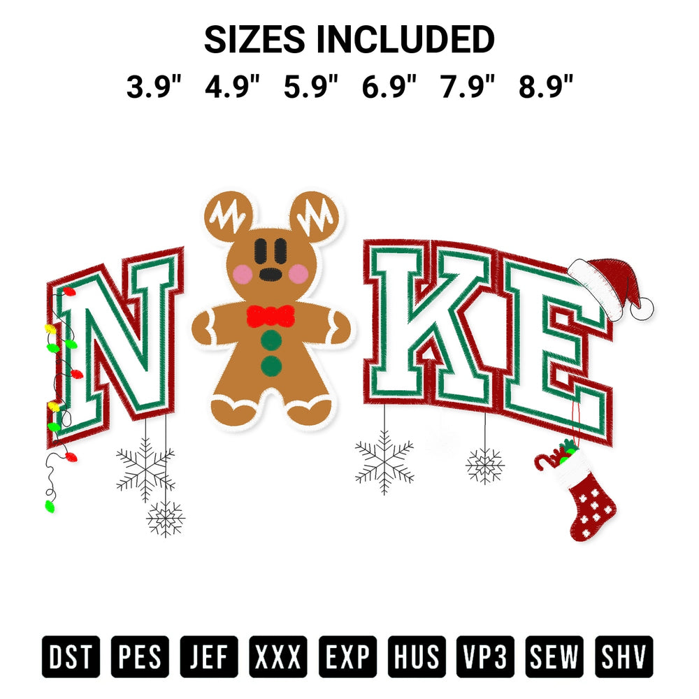 Get the Nike Mickey Gingerbread Christmas Embroidery Design embroidery design for your custom crafts! Premium digitized files available for instant download at Designspacks.com. Available sizes: 3.9", 4.9", 5.9", 6.9", 7.9", 8.9".
