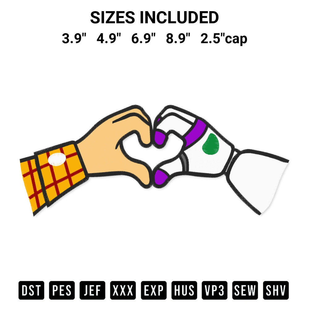 Add a unique touch to your apparel with the Toy Story Hand Heart Embroidery Design embroidery file. Premium instant download available now on Designspacks.com. Available sizes: 3.9", 4.9", 6.9", 8.9", 2.5"cap.