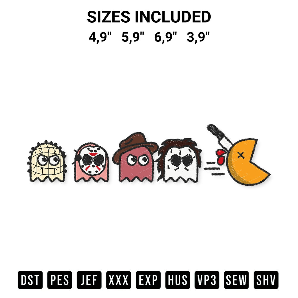 Elevate your next project with our Horror Characters Chibi Pacman Game Killing Scary Halloween Logo Embroidery Design embroidery file. Shop high-quality digital patterns instantly at Designspacks.com. Available sizes: 4,9", 5,9", 6,9", 3,9".