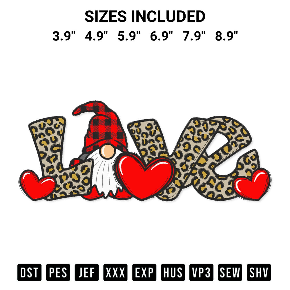 Discover the perfect addition to your crafting collection: Gnome Love Valentine Embroidery Design embroidery file. Instantly available at Designspacks.com. Available sizes: 3.9", 4.9", 5.9", 6.9", 7.9", 8.9".
