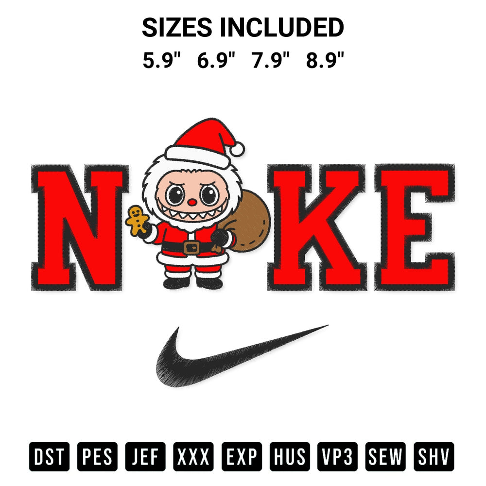 Stitch like a pro with the Nike Labubu Santa Claus Embroidery Design embroidery pattern from Designspacks.com. High-quality digital machine embroidery file. Available sizes: 5.9", 6.9", 7.9", 8.9".
