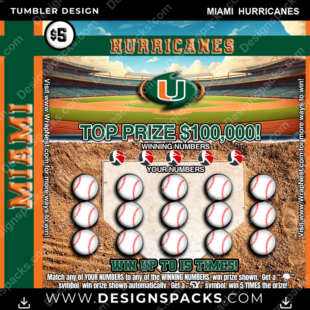College Sport Lottery Ticket (BASEBALL) Miami Hurricanes Tumbler Digital Wrap Design