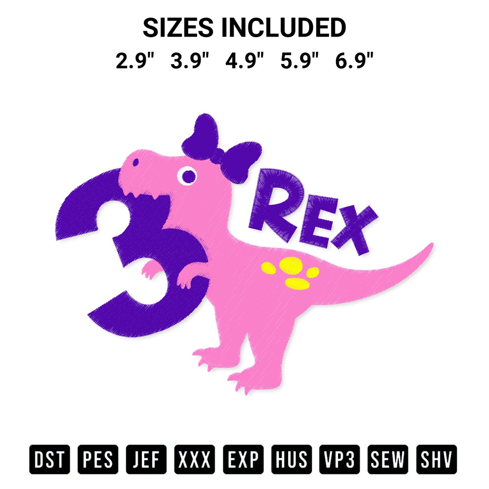Create amazing crafts with the 3 Rex Girl Dinosaur Birthday Embroidery Design embroidery file. High-quality digital download from Designspacks.com, perfect for beginners and pros. Available sizes: 2.9", 3.9", 4.9", 5.9", 6.9".