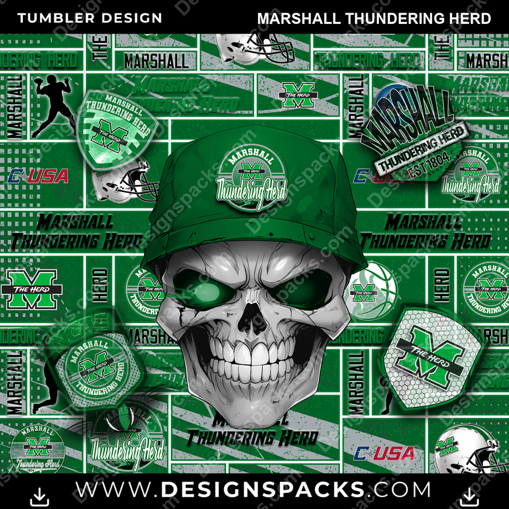 College Sport Skull Marshall Thundering Herd Tumbler Digital Wrap Design