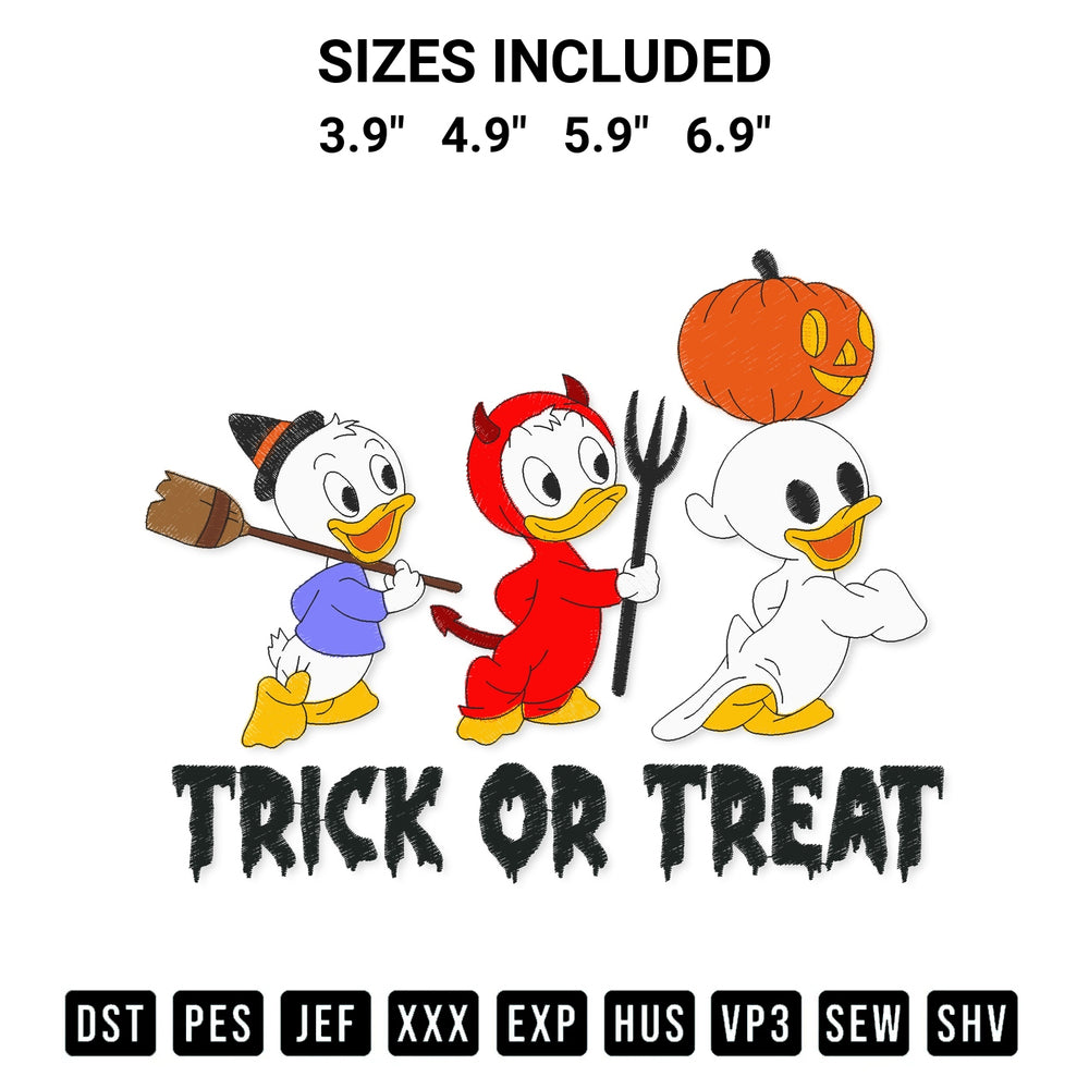 Download the Huey Dewey And Louie Duck Trick Or Treat Halloween Embroidery Design machine embroidery design exclusively at Designspacks.com. Premium digitized pattern for apparel and DIY crafts. Available sizes: 3.9", 4.9", 5.9", 6.9".