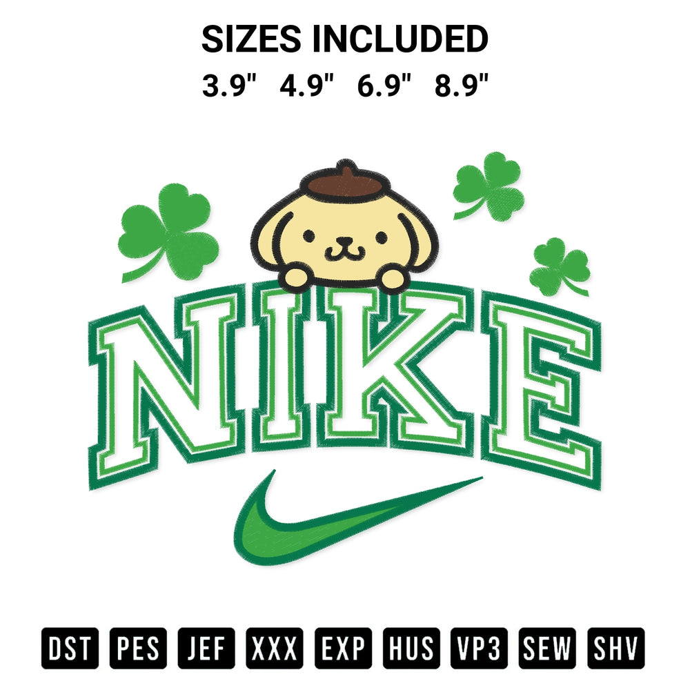 Shop the Pompompurin St Patricks Day X Nike Embroidery Design machine embroidery pattern at Designspacks.com. Beautifully digitized for flawless stitching on any fabric. Available sizes: 3.9", 4.9", 6.9", 8.9".