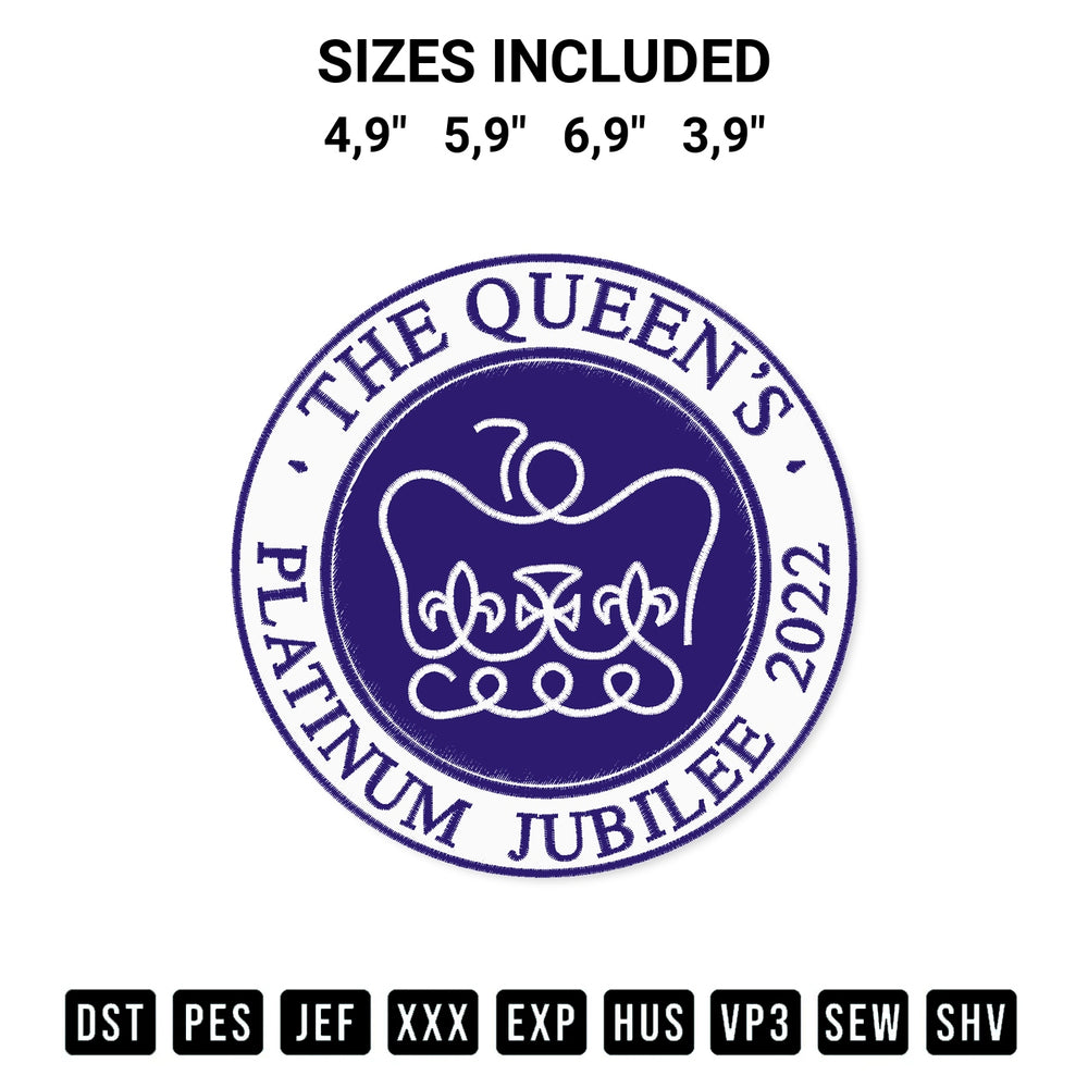 Get the The Queens Platinum Jubilee 2022 Logo Embroidery Design embroidery design for your custom crafts! Premium digitized files available for instant download at Designspacks.com. Available sizes: 4,9", 5,9", 6,9", 3,9".