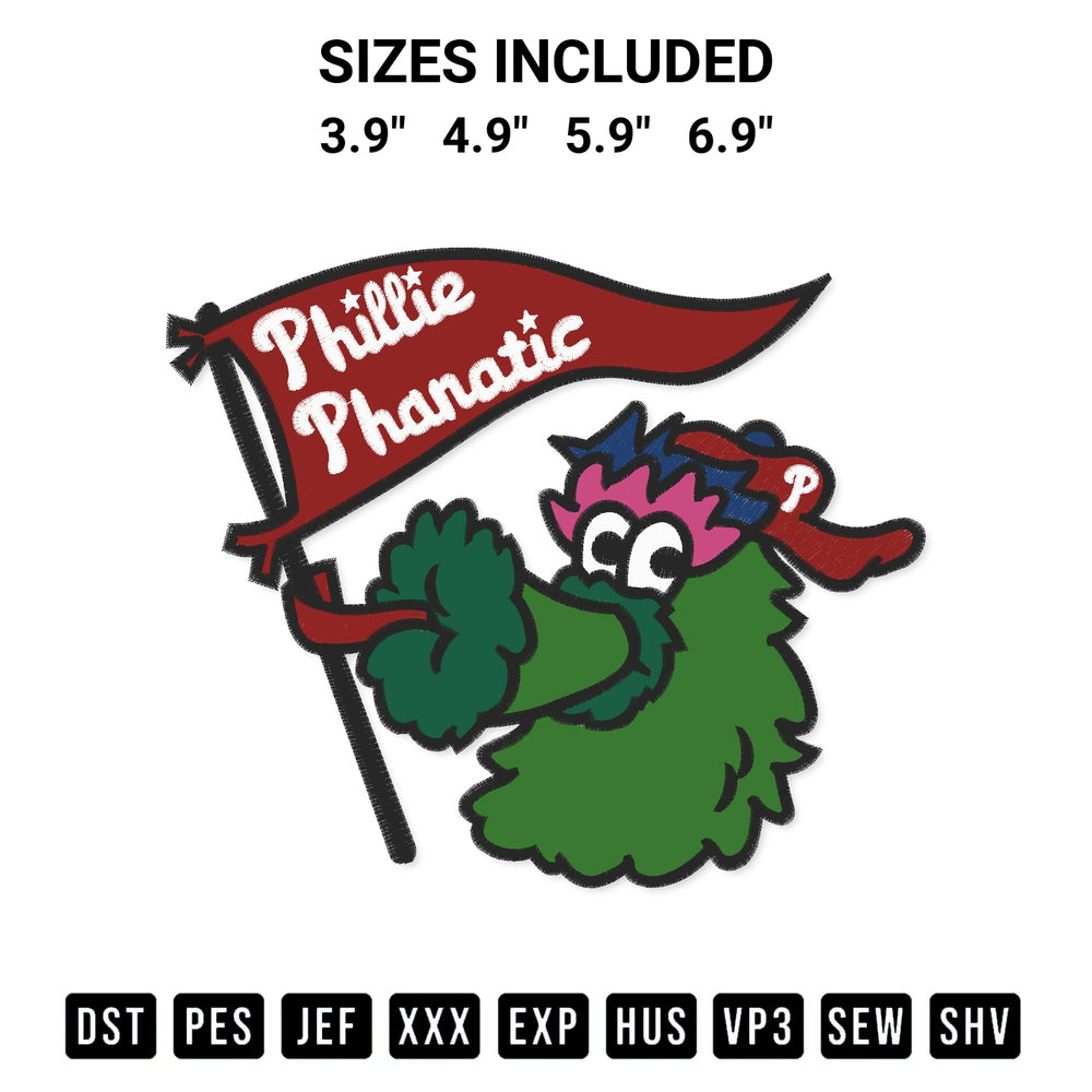 Get the Phillies Phanatic Embroidery Design embroidery design for your custom crafts! Premium digitized files available for instant download at Designspacks.com. Available sizes: 3.9", 4.9", 5.9", 6.9".