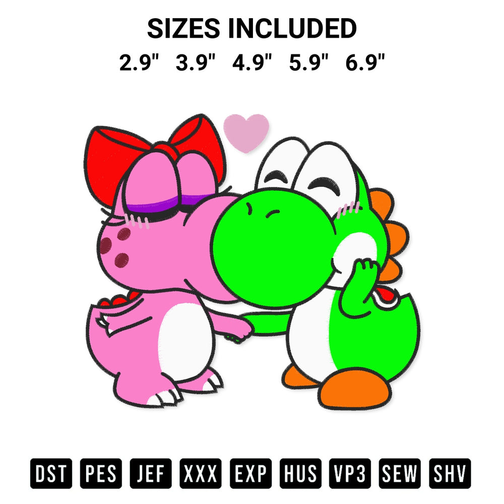 Add a unique touch to your apparel with the Yoshi And Birdo Love Embroidery Design embroidery file. Premium instant download available now on Designspacks.com. Available sizes: 2.9", 3.9", 4.9", 5.9", 6.9".