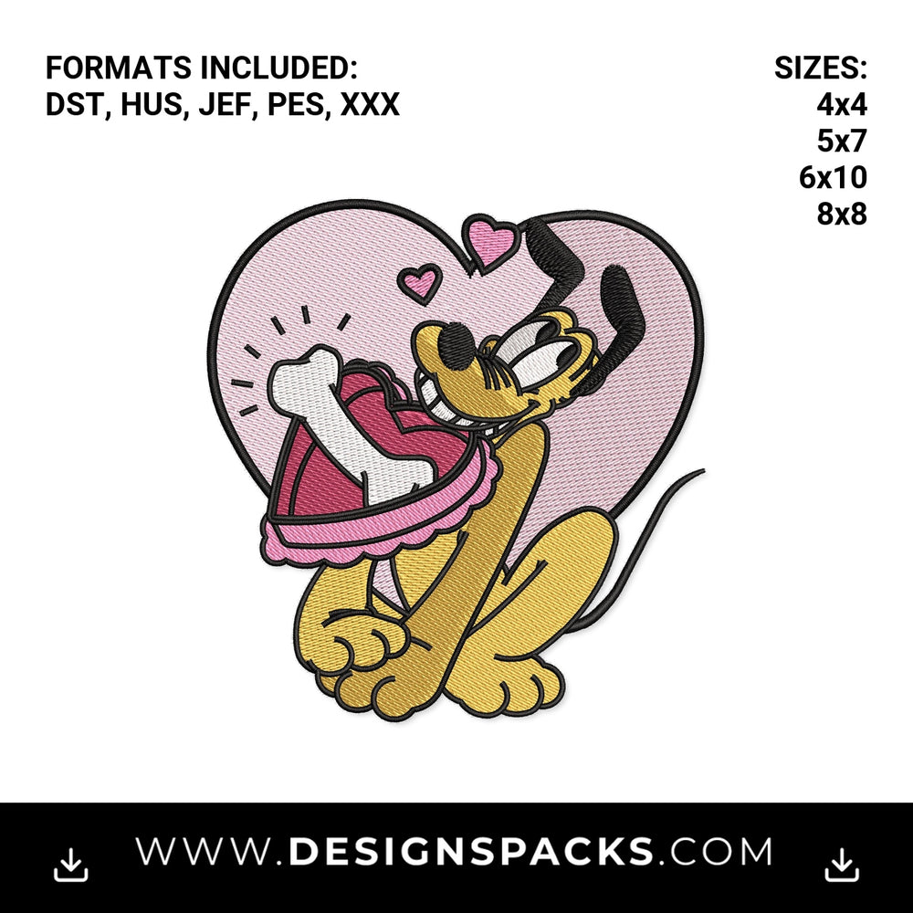 Valentine Pluto with Heart Bone Box Embroidery Design - Instant digital download pattern at Designspacks.com