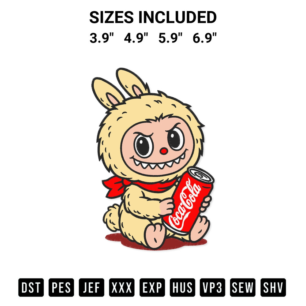 Shop the Labubu Coca Cola Embroidery Design machine embroidery pattern at Designspacks.com. Beautifully digitized for flawless stitching on any fabric. Available sizes: 3.9", 4.9", 5.9", 6.9".