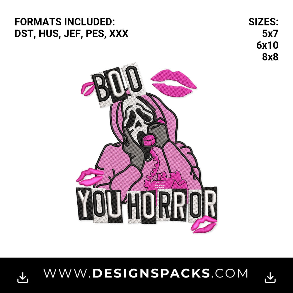 Boo You Horror Pink Ghostface Embroidery Design - Instant digital download pattern at Designspacks.com