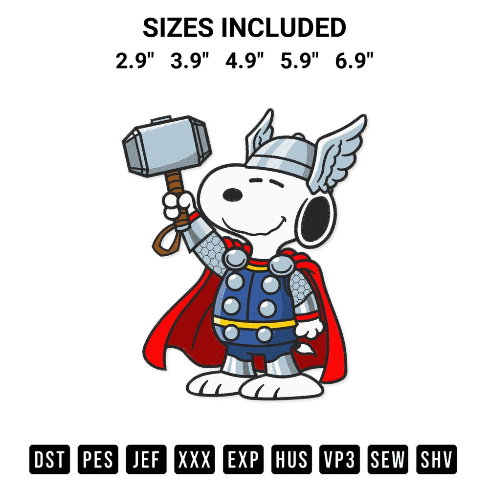 Create amazing crafts with the Snoopy As Thor Embroidery Design embroidery file. High-quality digital download from Designspacks.com, perfect for beginners and pros. Available sizes: 2.9", 3.9", 4.9", 5.9", 6.9".