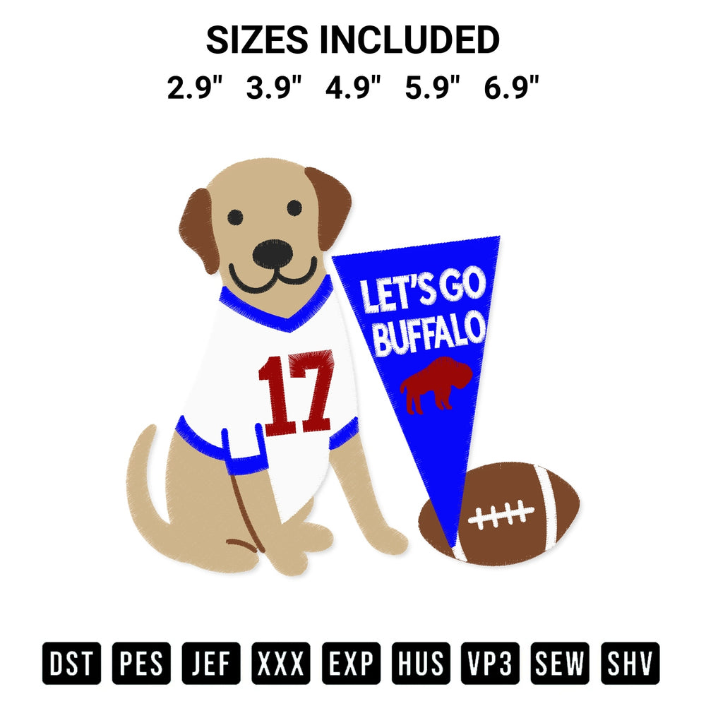 Transform your fabrics with the Labrador Cheerleader With Buffalo Spirit Embroidery Design embroidery design. Instant access to premium digitized patterns at Designspacks.com. Available sizes: 2.9", 3.9", 4.9", 5.9", 6.9".