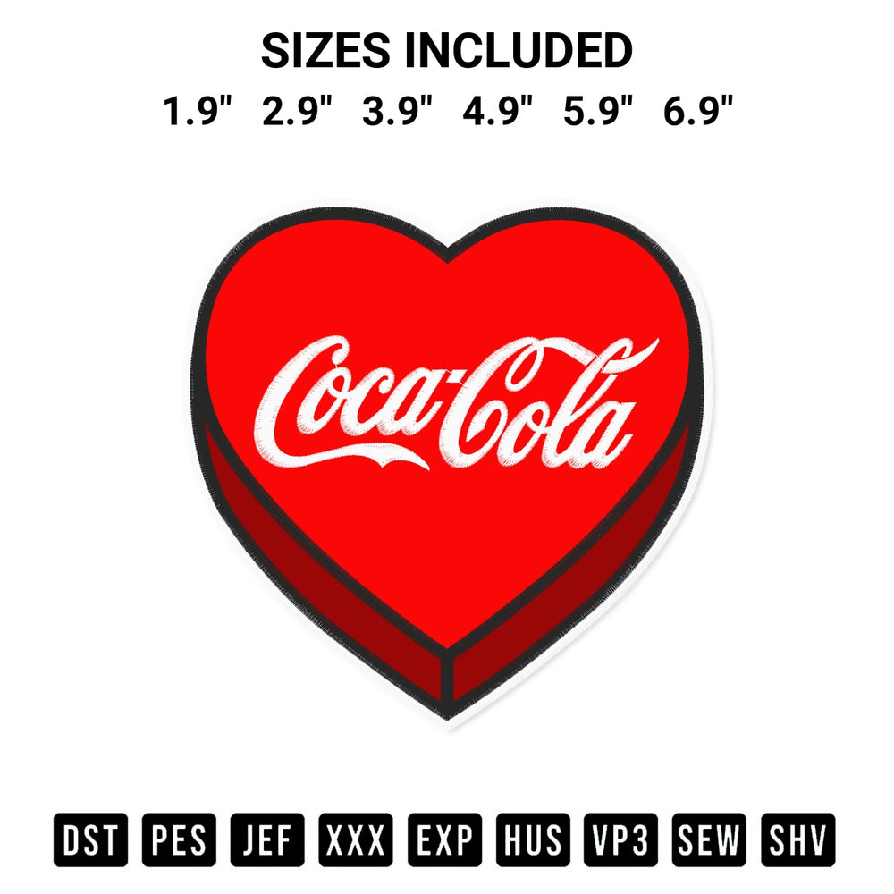 Shop the Coca Cola Heart Embroidery Design machine embroidery pattern at Designspacks.com. Beautifully digitized for flawless stitching on any fabric. Available sizes: 1.9", 2.9", 3.9", 4.9", 5.9", 6.9".