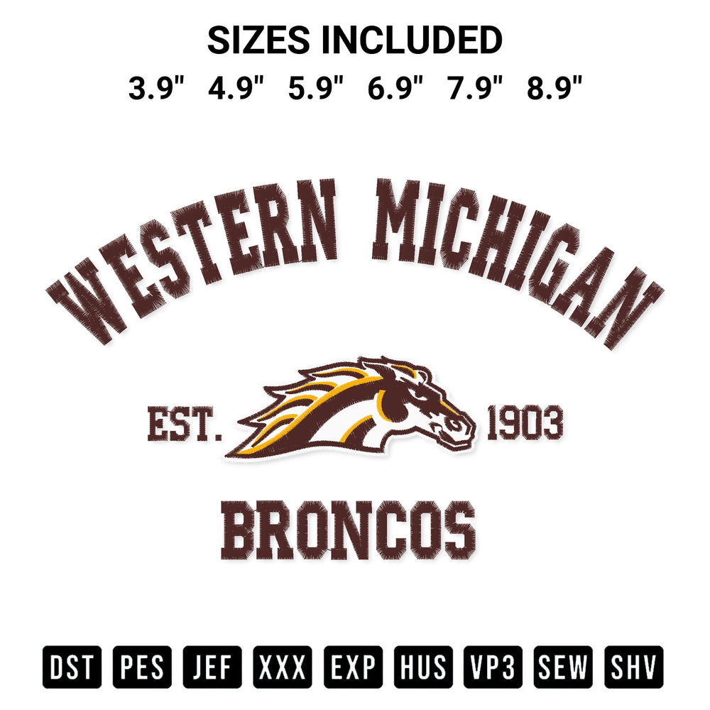 Create amazing crafts with the Western Michigan Broncos 1903 Embroidery Design embroidery file. High-quality digital download from Designspacks.com, perfect for beginners and pros. Available sizes: 3.9", 4.9", 5.9", 6.9", 7.9", 8.9".