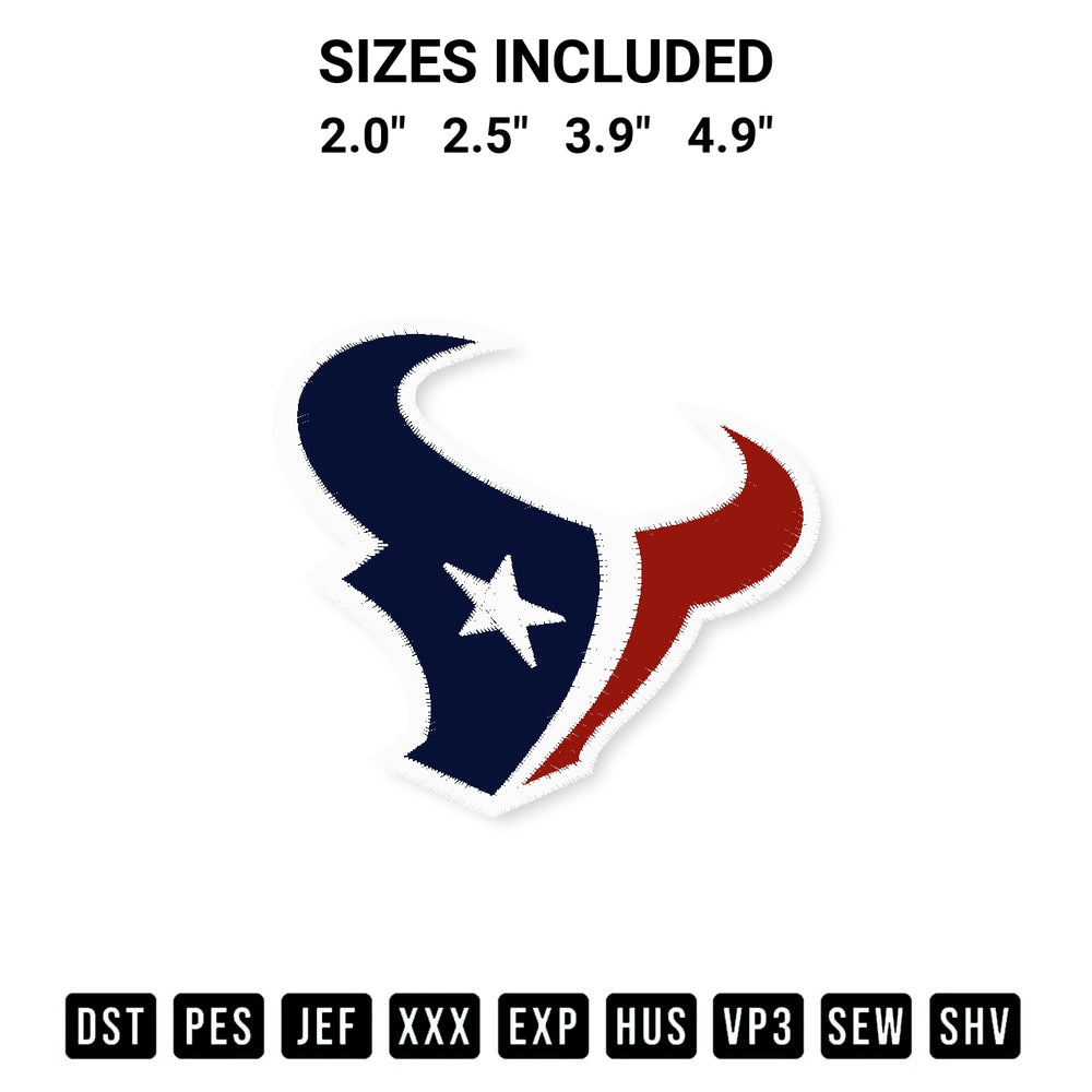 Stitch like a pro with the Houston Texans Logo Embroidery Design embroidery pattern from Designspacks.com. High-quality digital machine embroidery file. Available sizes: 2.0", 2.5", 3.9", 4.9".