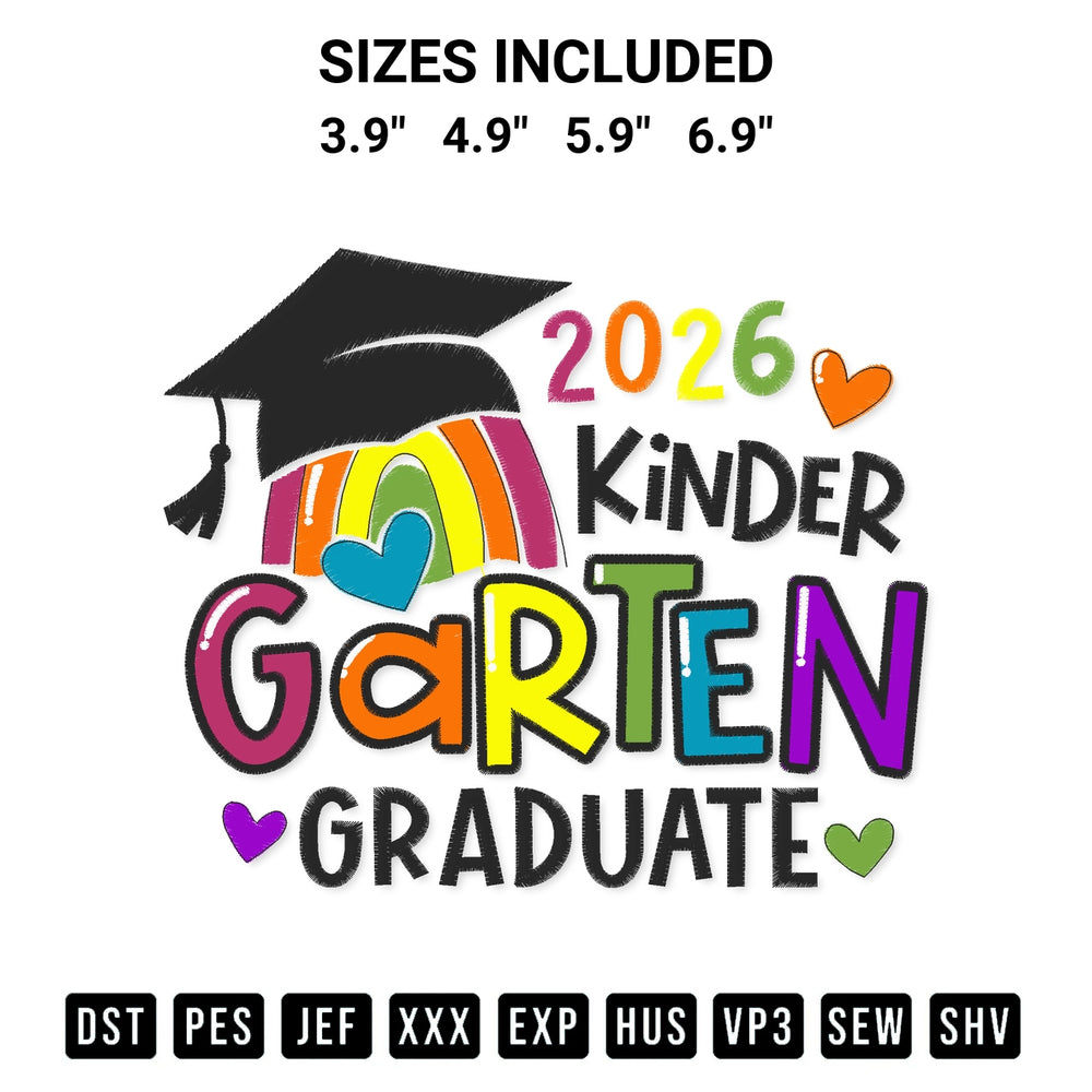 Looking for the perfect pattern? Download the 2026 Kindergarten Graduate Embroidery Design embroidery design today at Designspacks.com. Crisp, clean stitching guaranteed. Available sizes: 3.9", 4.9", 5.9", 6.9".