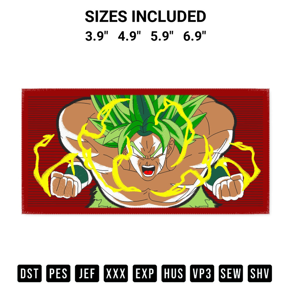 Transform your fabrics with the Broly Dragon Ball Embroidery Design embroidery design. Instant access to premium digitized patterns at Designspacks.com. Available sizes: 3.9", 4.9", 5.9", 6.9".