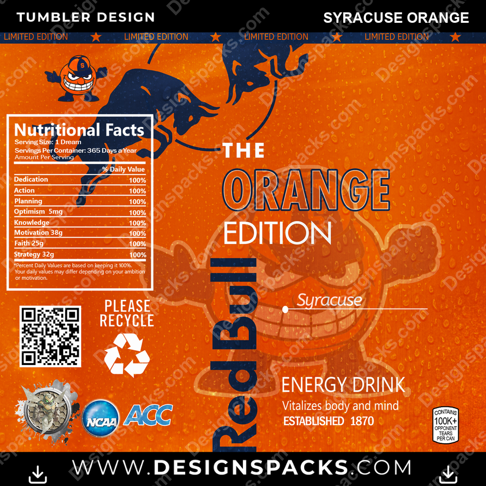 College Sport Red Bull Syracuse Orange NCAA College Sport Tumbler Digital Wrap Design Download