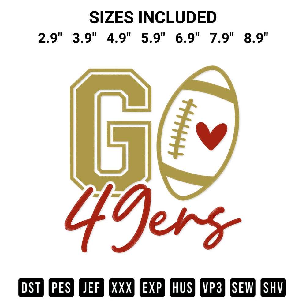Get the Go 49Ers Football Embroidery Design embroidery design for your custom crafts! Premium digitized files available for instant download at Designspacks.com. Available sizes: 2.9", 3.9", 4.9", 5.9", 6.9", 7.9", 8.9".
